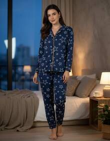 American-Style Winter Pajamas, Premium Pants And Shirt, Button-Down Front. - 藍色 - 查看 7