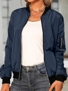 Women's Fashion Baseball Collar Zip-Up Jacket, Lightweight For Spring/Summer - Navy Blue - View 2