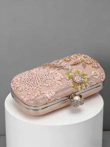 pieza, bolso de noche vintage 2025 con cadena de flores bordadas y lentejuelas color champá, adecuado para chicas de fiesta, novias, reciécasadas y damas de oficina. - Rosa - Ver 6