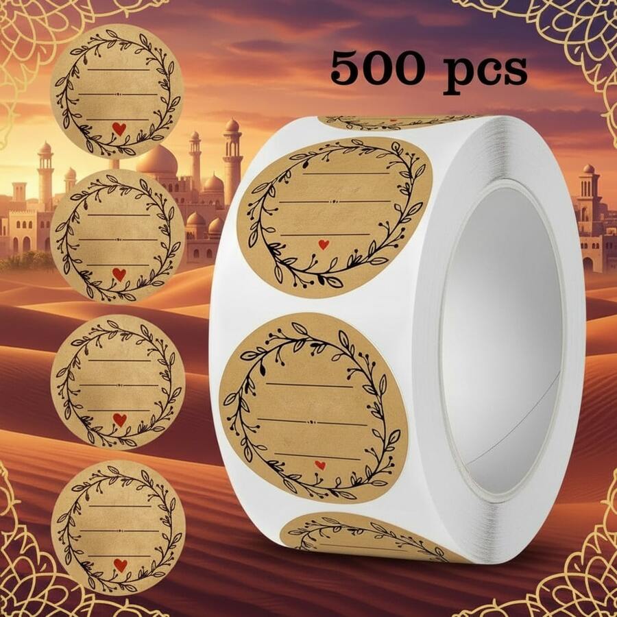 500张牛皮纸心形花环留言标签贴纸,1英寸圆形PVC自粘密封贴纸,适用于日常及节日派对礼物DIY包装、花束卡片、信封、餐饮等装饰用途。 - 查看 1