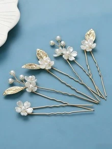 5 pièces Pinces à cheveux faites main avec fleurs de perles et feuilles, accessoires pour mariée, mariage, port quotidien, fête et autres occasions, festival, anniversaire - Doré - Voir 4