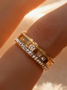 3pcs/Set 304 Stainless Steel 18K Gold Plated Stackable Ring Set, Classic Minimalist Women's Engagement Wedding Rings, Suitable For Women's Daily Wear, Party Jewelry, Beach Vacation, Valentine's Day Mother's Day Birthday Gift - Gold - View 12