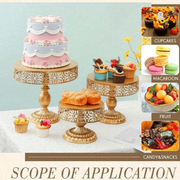 This Heavy-Duty Gold-Colored Cake Stand Is Made Of Reinforced Metal With Anti-Rust Treatment. The Random Lace Pattern Perfectly Accentuates The Purity Of Wedding Cakes And The Vibrance Of Birthday Desserts. It Is Also Suitable For Elegant Business Afternoon Teas, Making It A Professional Display Tool For Event Planners, Hotels, And Bakeries.