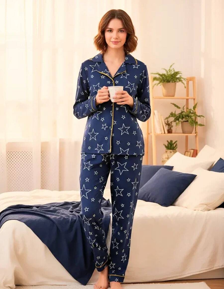 American-Style Winter Pajamas, Premium Pants And Shirt, Button-Down Front. - 藍色 - 查看 1