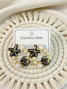 Cute Enamel Starfish & Shell Pearl Earrings, Beach Ocean Animal Jewelry Gift For Women - Multicolor - View 2