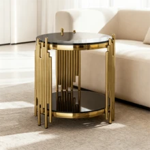 Modern Round Glass Side Table For Living Room, Black And Gold Bedside Table With Glass Top, Luxury Round Coffee Table With Stainless Steel Legs, Small Desk Table, Sturdy Nightstand With Glass Top, Coffee Table. - Black and Gold - View 1