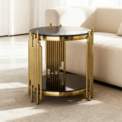 Modern Round Glass Side Table For Living Room, Black And Gold Bedside Table With Glass Top, Luxury Round Coffee Table With Stainless Steel Legs, Small Desk Table, Sturdy Nightstand With Glass Top, Coffee Table.