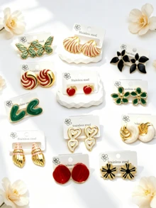 12 Paia di Orecchini in Acciaio Inossidabile con Motivi Geometrici, Placcati in Oro con Smalto Rotondo, Conchiglia, Cuore, Farfalla, Perla, Orecchini Ipoallergenici Versatili Adatti per Uso Quotidiano, Feste, Vacanze delle Donne, Gioielli di Moda - Multicolore - Visualizzare 1