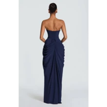 Asymmetrical Pleated High Split Dress - 深藍色 - 查看 3
