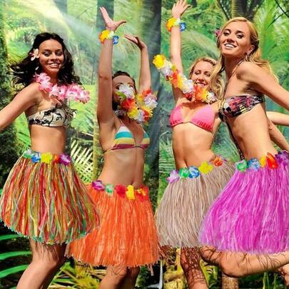 Set de 5 piezas Disfraz de falda hula y corona de flores hawaianas, conjunto de vestuario para actuación, actividad escolar, práctica de baile en grupo, adecuado para el verano (elástico)