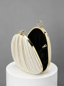 Bolso de embrague plisado de color albaricoque de lujo, bolso de mano de concha dura con asa de perlas elegante, billetera con forma de concha de lujo, adecuado para bodas, bailes, fiestas - Albaricoque - Ver 3