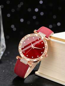 6/5件套女孩优雅时尚精准红钻表盘石英表，PU皮表带，搭配精美水晶项链、手链、戒指和耳环首饰套装，适合女孩在生日、节日、毕业典礼、校园活动、家庭聚会等场合佩戴，是母亲节或毕业礼物的完美之选。 - 彩色 - 查看 5