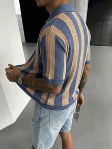 New Spring/Summer Men's Knitted Striped Polo Collar Casual Loose Business Commute Knit Top - Navy Blue - View 5