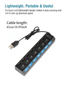 4/7-Port USB 2.0 Hub With LED Indicator, Individual On/Off Switches, 5V 1A USB Charging Station, Power Adapter Included, Expansion Dock For PC, Tablet, Laptop - View 7