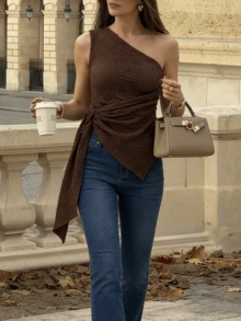 Blusa asimétrica con capas minimalista y elegante de Sookaugx - Marrón - Ver 3