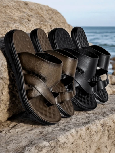 Men's Stitched Slippers, Casual Non-Slip Slippers, Indoor Outdoor Open Toe Hollow Shoes, Suitable For Spring, Summer, All Seasons, Beach Sandals, Black