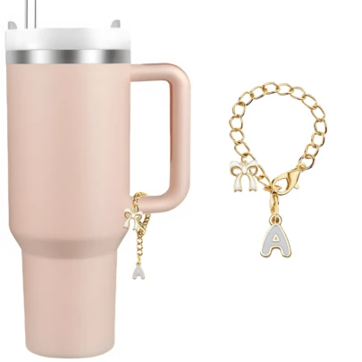 Mặt dây chuyền chữ cái sang trọng A-Z màu trắng, trang trí bằng dây chuyền hình nơ kim loại, phụ kiện cốc cá nhân hóa, kiểu quà tặng có thể tháo rời.