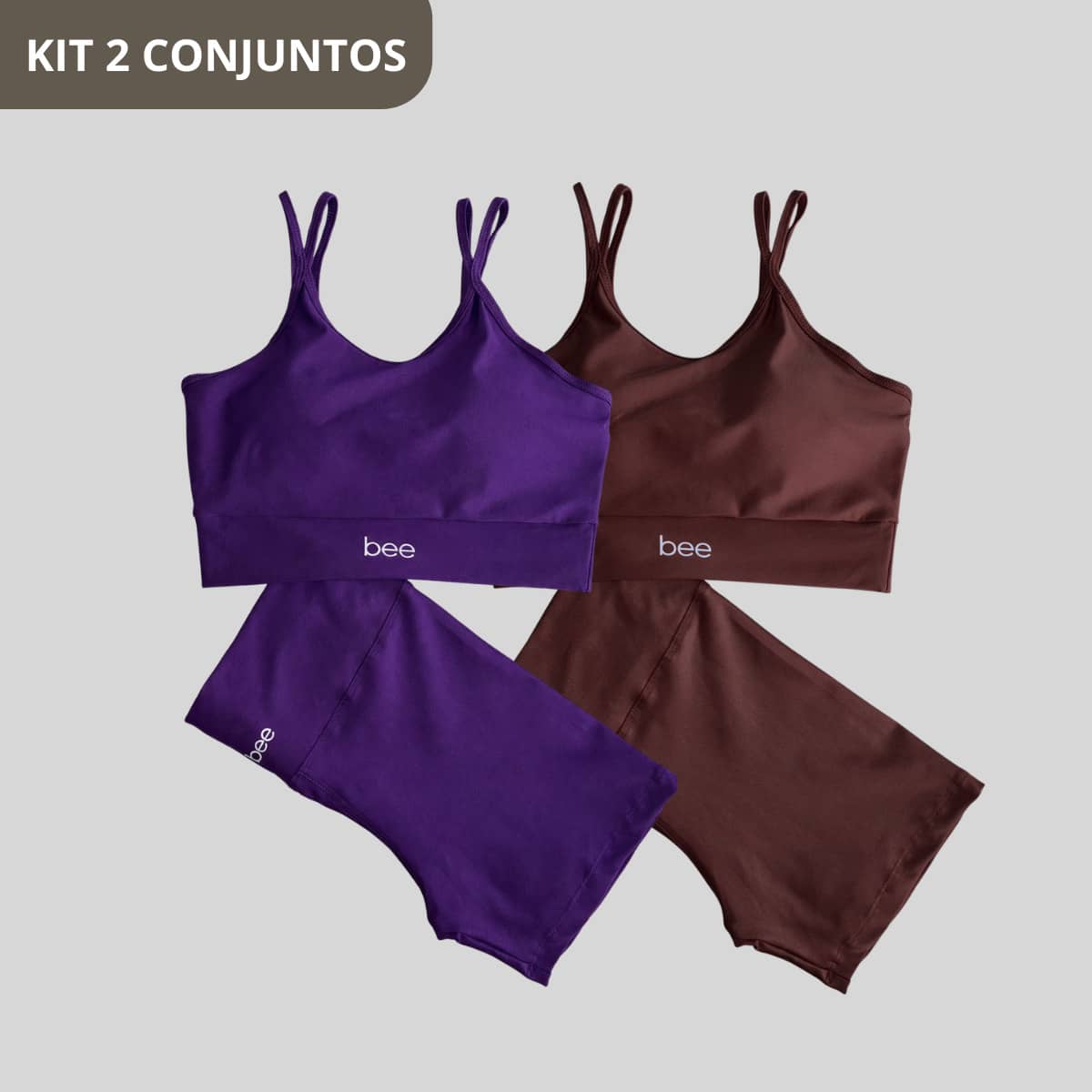Kit Of 2 Bee Zero Transparency Premium Comfortable Fitness Sets: High-Waisted Shorts, Cropped Top With Padding, Perfect For Workouts And Gyms - 棕色和紫色 - 查看 1
