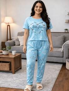 Conjunto de pijama de mujer de 3 piezas, suave y agradable a la piel, incluye camiseta de manga corta + short + pantalón largo, apto para todas las estaciones - Azul - Ver 1
