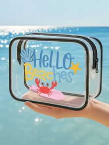 "Hello Beaches" Bolsa de maquillaje transparente con tema oceánico - Diseño unisex e impermeable, esencial para vacaciones de verano y viajes. Esta bolsa de almacenamiento ligera y colorida es un organizador multifuncional con cremallera, diseñada específicamente para almacenar artículos de tocador y accesorios de viaje para mujeres. Perfecta para viajes a la playa, salidas diarias y organización cotidiana. También es un regalo ideal para el Día del Maestro o la temporada de regreso a la escuela. - Multicolor - Ver 4