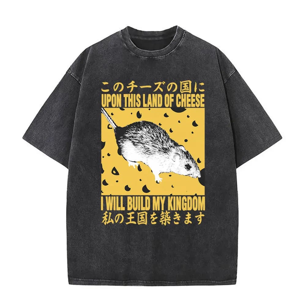 Camiseta de manga corta holgada con estampado de ratón, estilo retro americano, nueva colección de verano 2026, para hombre, con efecto desgastado y lavado. - Negro - Ver 1