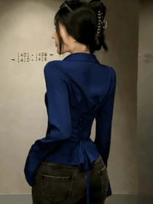 Elegant Women's Solid Color Shirt With Unique Back Tie And Front Button Details - Long Sleeve, Suitable For All Seasons - Blue - View 2