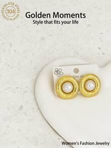 304 Stainless Steel Women's Pearl Earrings, Vintage Floral/Round/Oval Exaggerated Stud Earrings, Fashion Jewelry Gift, Premium Textured Earrings, Hypoallergenic And Fade-Resistant, Perfect For Commute, Date, Party And Other Occasions, Easily Enhance Your Outfit Elegance - Gold - View 5