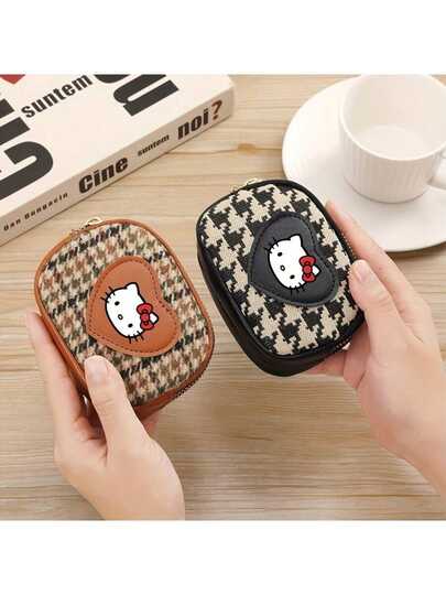 SANRIO 1个三丽鸥Hello Kitty几何印花迷你爱心零钱包，女士便携式化妆品和钥匙收纳包，防盗拉链设计，通勤和约会必备，闺蜜生日情人节礼物最佳选择