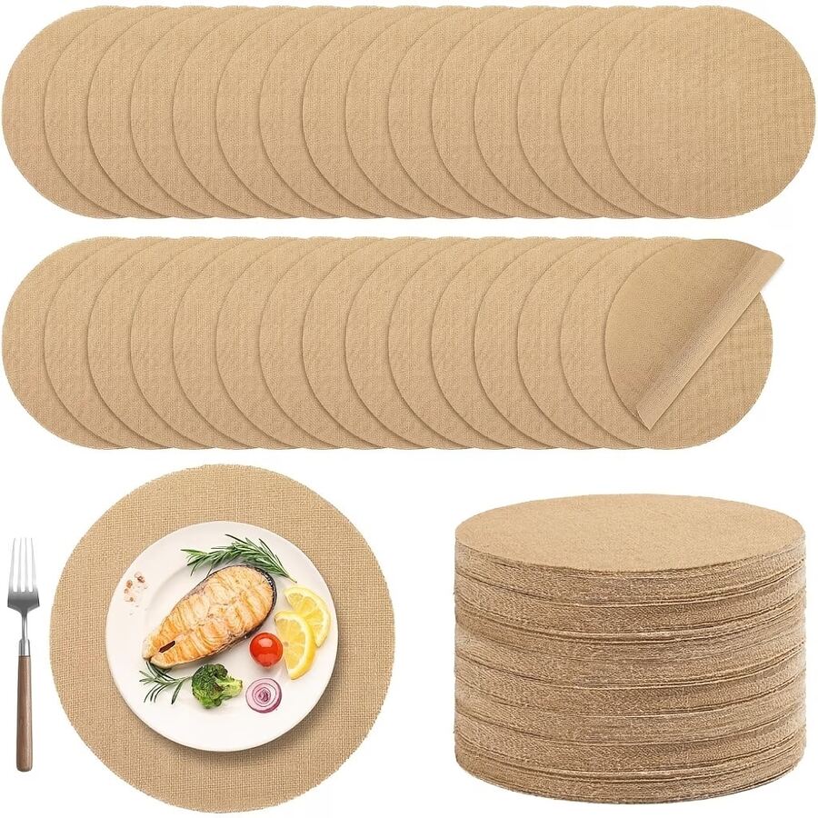 Bộ 10/20/50 tấm lót bàn tròn bằng vải lanh, kích thước 33cm*33cm, kiểu dáng mộc mạc, có thể tái sử dụng, chỉ giặt tay, thích hợp cho các buổi họp mặt, đám cưới đồng quê, kỷ niệm, trang trí bàn ăn khách sạn & nhà hàng.