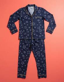 American-Style Winter Pajamas, Premium Pants And Shirt, Button-Down Front. - 藍色 - 查看 5