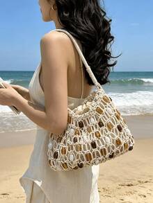 (28cm*18cm*3cm) Women's Shoulder Bag For Beach Vacation, Knitted Bag, Handmade Crochet, Minimalist Hollow-Out Design, Beaded Decor, Lined, Minimalist Handbag, Large Capacity, Meets Daily Needs, Underarm Bag - Multicolor - View 1