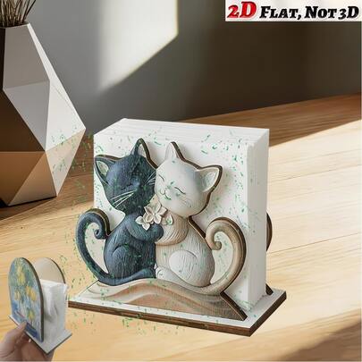 2D平面单件装餐巾架装饰，黑猫白猫亲吻图案，乡村风格纸巾盒，餐巾托盘，鸡尾酒餐巾架，餐巾夹，餐巾架，复古农舍圣诞桌面摆件，适用于餐桌、餐厅、酒吧、酒店、咖啡桌、咖啡馆、家庭厨房台面