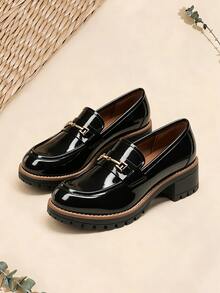 Women Flats Thick Sole Loafers Slip-On Round Toe British Style Casual Loafers For Daily Street, Commuting, Retro Chunky Shoes - Svart - Visa 1