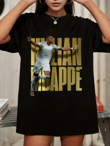 M-MbappéS Football Soccer Star Gold Text Print Crew Neck Short Sleeve Tee - Black - View 6