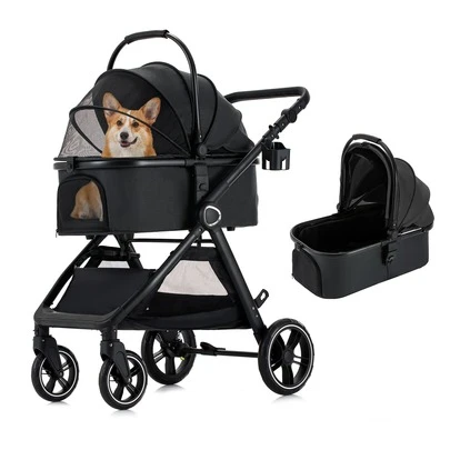 3 In1 Pet Stroller For Small/Medium Dogs, Foldable Dog Stroller With Detachable Carrier, 4 Wheels Cat Stroller, 3 In 1 Pet Stroller For Dogs Cats Up To 50 Lbs, With Cup Holders,Easy Assembly, Black