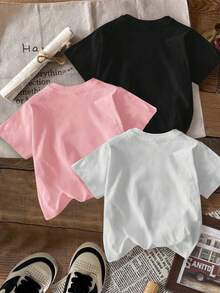 3pcs/Set Young Girl Casual Funny Print Round Neck Short Sleeve T-Shirt, Summer Top - Black - View 2