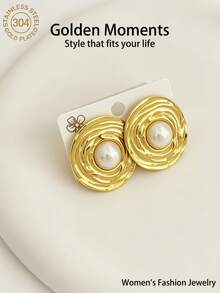 Boucles d'oreilles pour femmes en acier inoxydable 304 plaqué or avec perles, boucles d'oreilles vintage à fleurs/nœud/rondes/ovales exagérées, bijoux de mode de niche, cadeau, boucles d'oreilles texturées avec un aspect haut de gamme, hypoallergéniques et résistantes à la décoloration, convenant pour le travail, les sorties, les fêtes et autres occasions pour rehausser facilement votre tenue - Doré - Voir 6