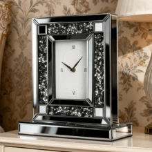 Luxury Mirrored Table Clock With Black Crushed Diamonds (13.2"X11.8") - Silent, Beveled Glass Desk Clock For Living Room, Bedroom, Office - màu đen - Xem 7