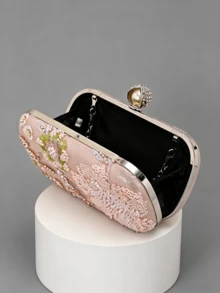 pieza, bolso de noche vintage 2025 con cadena de flores bordadas y lentejuelas color champá, adecuado para chicas de fiesta, novias, reciécasadas y damas de oficina. - Rosa - Ver 5