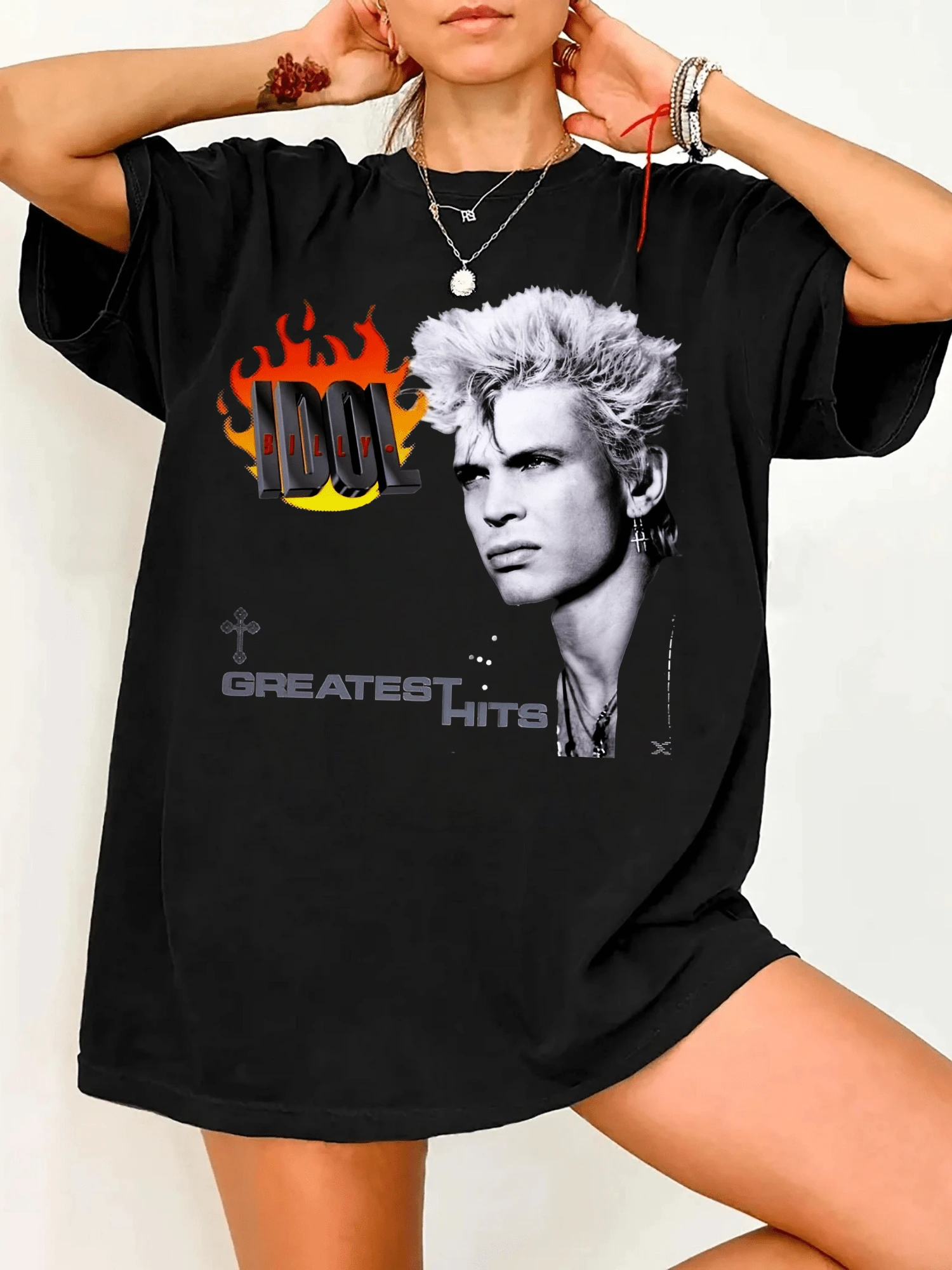 Short-Sleeved, Crew-Neck T-Shirt With Flame Print By B-BillyS I-IdolS Punk Rock Legend - Black - View 1