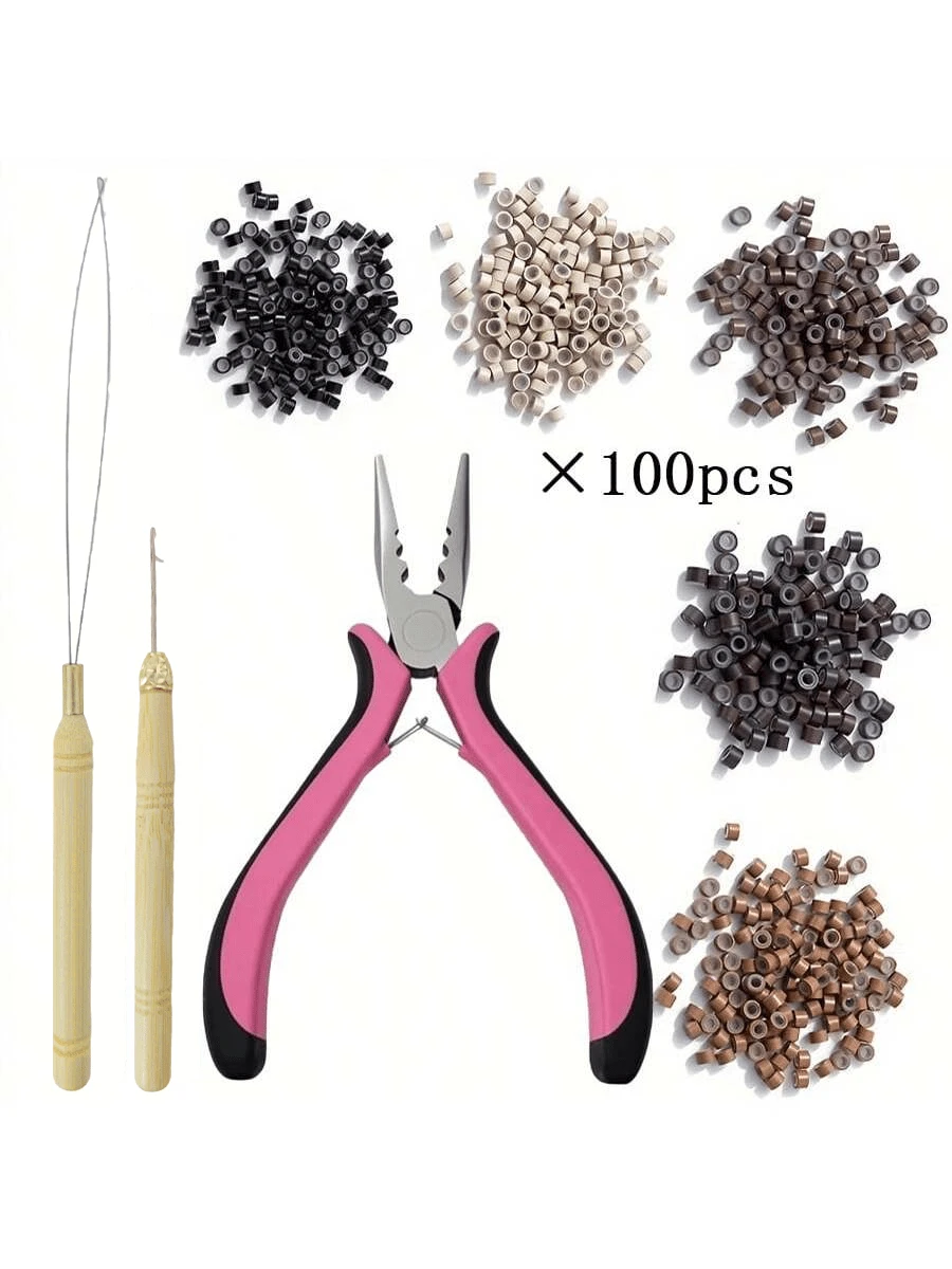 3pcs/Set Wig Extension Tools: Pliers, Micro Hook Needle, Pulling Ring, Suitable For Wig Installation: Pliers, Micro Needle Ring Puller, Pulling Ring Wig Extension Rings And Clips, Pink