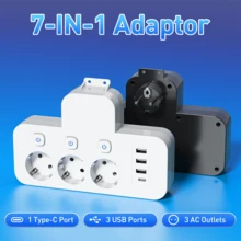 Fast Charging Multi-Port Power Strip Charger Desktop Charging Station 7-In-1 EU Multi-Port Desktop Charging Station, Multi-Function USB Outlet, 3 AC Outlets 3 USB Ports 1 Type-C TC Port, High-Quality Converter Socket, Travel Adapter Plug, Independent Switch Design, Suitable For Home, Office, Kitchen, Dorm, Travel, Graduation Memorial Day - EU E Type Plug(220-240V) - View 1