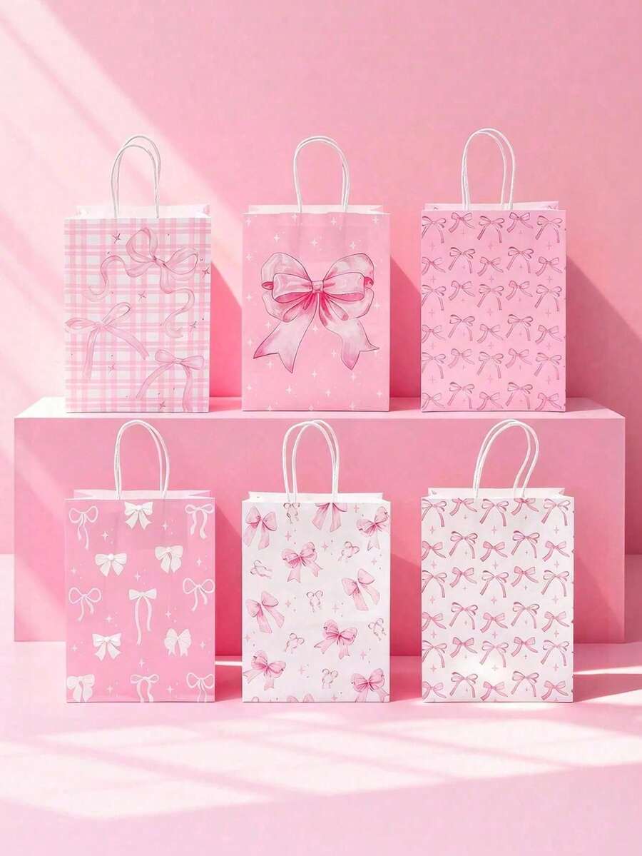 Bolsa de regalo con estampado de lazo rosa - Bolsa de compras de papel kraft adecuada para comercio minorista, boutique, suministros para fiestas y embalaje festivo - Arco - Ver 1