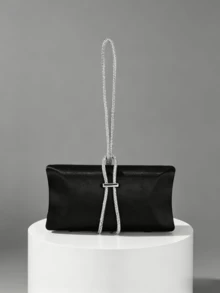 优雅黑色缎面晚宴手拿包，奢华水晶链条手柄手提包，简约闪亮婚礼派对包 - 黑色 - 查看 5