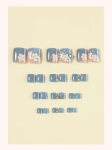 Y2K Floral Acrylic Toenail Stickers 24Pcs Holographic Rectangular Press On Toenails, DIY 3D Cat Eye Artificial Nails, Decorated With Starfish, Seashells, Gold Beads, And Rhinestones, Ideal For Nail Salons, Everyday Wear For Women, Holiday Parties, And As Gifts - Multicolor - View 2