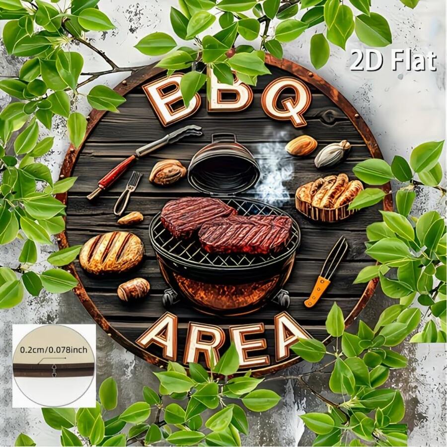2D Plat - Décoration suspendue 2D plate, logo de zone de barbecue en bois, (20 cm * 20 cm) Inspiration d'art mural de barbecue vintage, décoration extérieure thématique barbecue avec images de steak et d'outils, décoration vintage de bar/café/patio de jardin - Multicolore - Voir 1