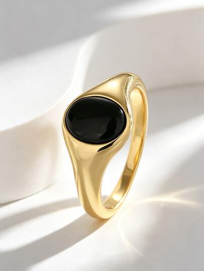 Charm-In Anillo sello chapado en oro de 18K con ónix negro para mujer, anillo de declaración ovalado de piedra negra vintage en cúpula, joyería minimalista de solitario para uso diario, regalo de cumpleaños para ella