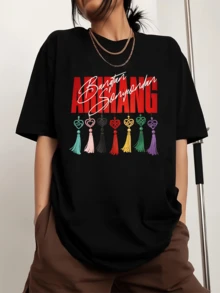 Unisex BTSSS ARIRANG Crew Neck T-Shirt With Print, Fashionable Short-Sleeved Sports T-Shirt For Men - Black - View 1