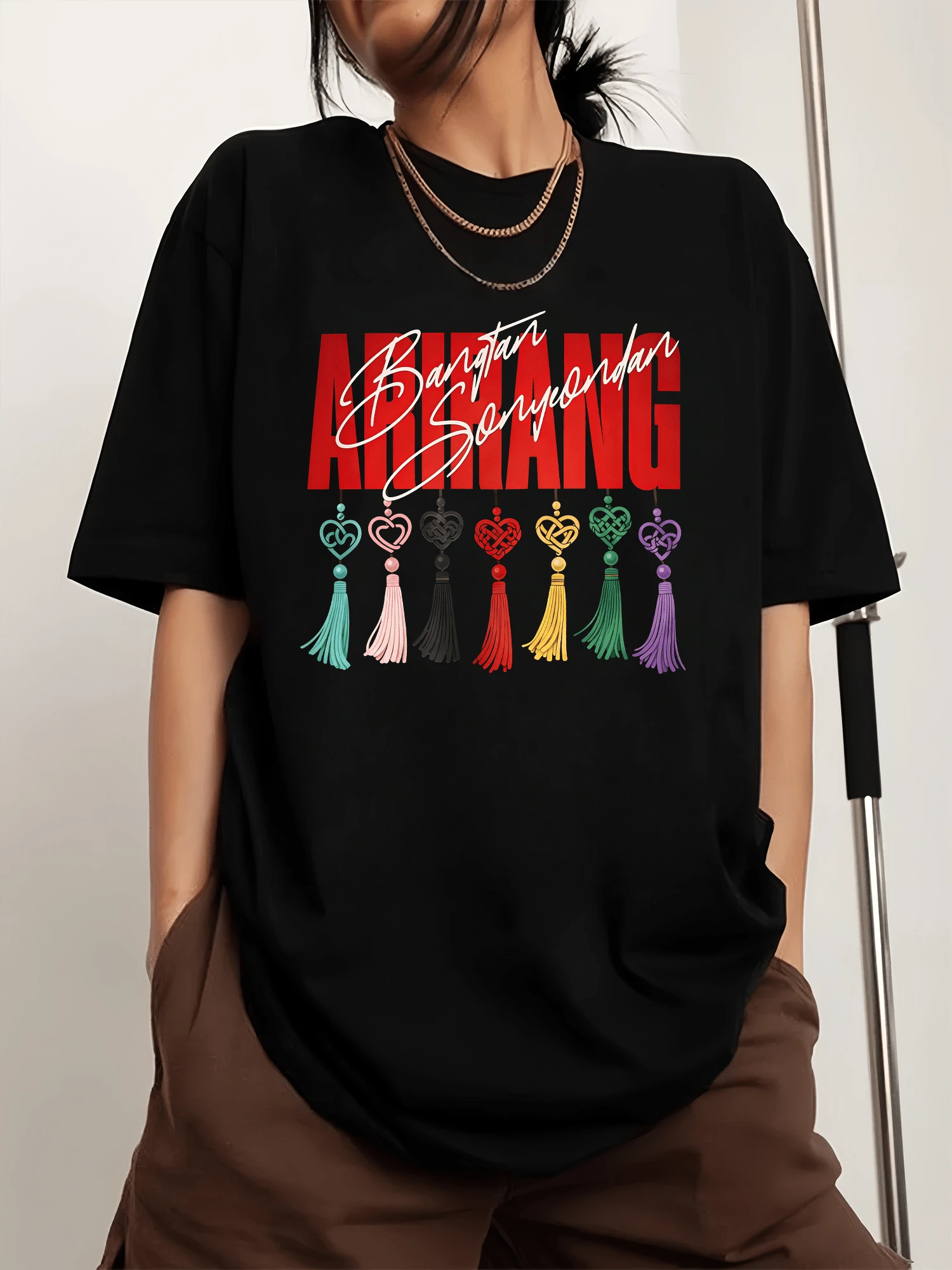 Unisex BTSSS ARIRANG Crew Neck T-Shirt With Print, Fashionable Short-Sleeved Sports T-Shirt For Men - Black - View 1
