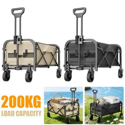 200KG Foldable Heavy Duty Garden Camping Beach Cart Festival Trolley Cart Wagon With Wheels, For Shopping Camping Picnic,Black/Beige